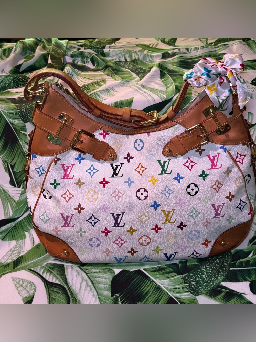 Vtg Louis Vuitton Greta Multicolor White Murakami Hobo Shoulder Bag Pre-loved